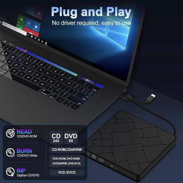 Alt view image 2 of 7 - AUTYUE External CD DVD Drive for Laptop, USB 3.0 & USB-C Portable DVD Player for CD ROM +/-RW DVD Burner Reader Writer Optical Disc Drive for PC, Mac, Desktop,Windows 11/10/ 8/7/ XP/ 2003/ Vista/Linux