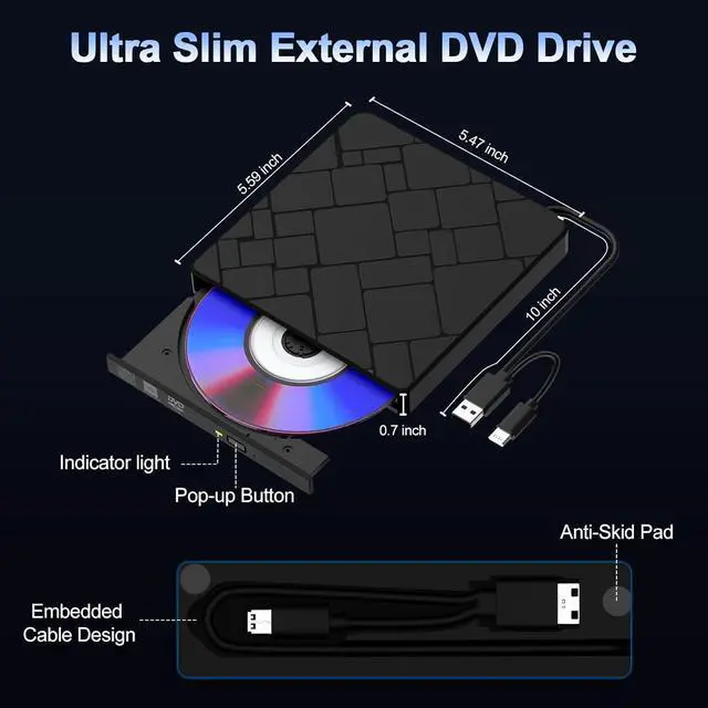 Alt view image 6 of 7 - AUTYUE External CD DVD Drive for Laptop, USB 3.0 & USB-C Portable DVD Player for CD ROM +/-RW DVD Burner Reader Writer Optical Disc Drive for PC, Mac, Desktop,Windows 11/10/ 8/7/ XP/ 2003/ Vista/Linux