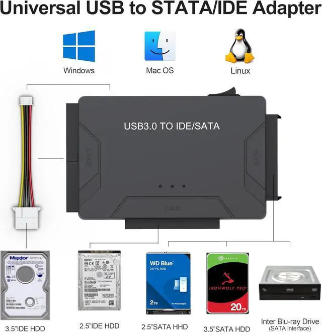 Alt view image 6 of 7 - AUTYUE Hard Drive Reader USB 3.0 & Type C to IDE SATA Adapter, External Data Transfer Recovery Converter Kit with 12V/2A Power for 2.5"/3.5" SATA/IDE HDD SSD Hard Drive Disk Internal Blu-ray Drive