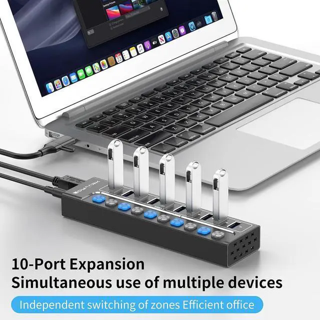 Alt view image 2 of 7 - AUTYUE Powered USB Hub 3.0, 10-Port USB 3.0 Hub Splitter with Individual Switches and Indicator Lights, 10 USB 3.0 Data Transfer Ports, (included 4 Charging Ports) + 12V 3A Power Adapter