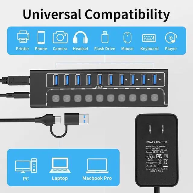 Alt view image 6 of 7 - AUTYUE Powered USB Hub 3.0, 10-Port USB 3.0 Hub Splitter with Individual Switches and Indicator Lights, 10 USB 3.0 Data Transfer Ports, (included 4 Charging Ports) + 12V 3A Power Adapter