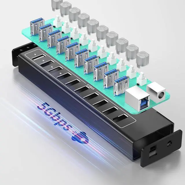 Alt view image 5 of 7 - AUTYUE Powered USB Hub 3.0, 10-Port USB 3.0 Hub Splitter with Individual Switches and Indicator Lights, 10 USB 3.0 Data Transfer Ports, (included 4 Charging Ports) + 12V 3A Power Adapter