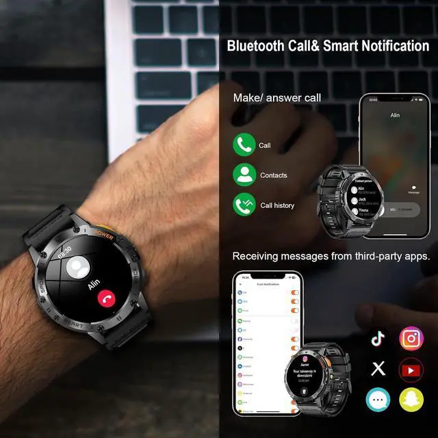 Alt view image 3 of 7 - AUTYUE Military Smart Watches for Men with Flashlight, 170+ Sport Modes 1.43" AMOLED Screen, 530mAh Answer/Make Calls, Heart Rate/SpO2/Sleep Monitor, Bluetooth Watch Compatible with IOS Android Phones
