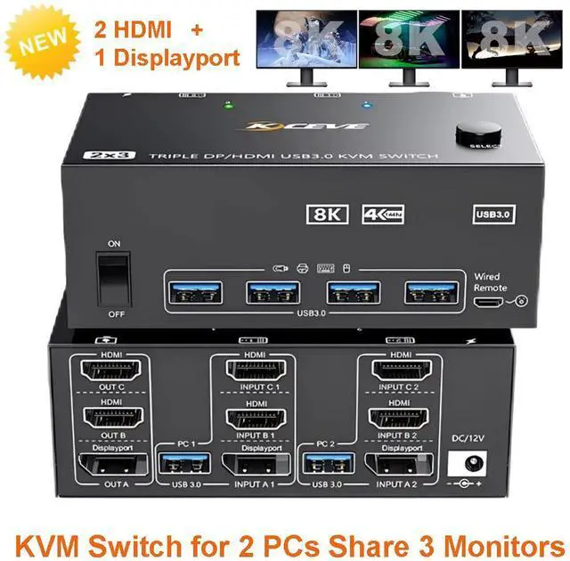 Main image of AUTYUE KVM Switch 2 Computers 3 Monitors, 8K@60Hz 4K@144Hz Triple Monitors Displayport + 2 HDMI KVM Switch for 2 PCs Sharing 3 Monitors and 4 USB 3.0 Devices with Cable Remote Control and 2 USB Cables