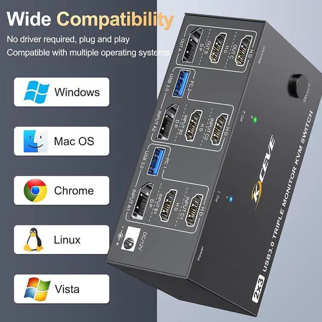 Alt view image 7 of 7 - AUTYUE KVM Switch 2 Computers 3 Monitors, 8K@60Hz 4K@144Hz Triple Monitors Displayport + 2 HDMI KVM Switch for 2 PCs Sharing 3 Monitors and 4 USB 3.0 Devices with Cable Remote Control and 2 USB Cables