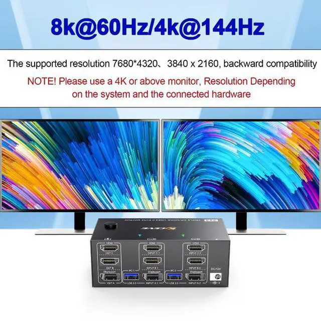 Alt view image 6 of 7 - AUTYUE KVM Switch 2 Computers 3 Monitors, 8K@60Hz 4K@144Hz Triple Monitors Displayport + 2 HDMI KVM Switch for 2 PCs Sharing 3 Monitors and 4 USB 3.0 Devices with Cable Remote Control and 2 USB Cables