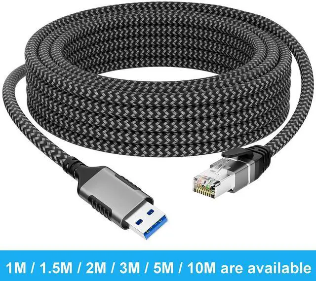 Main image of AUTYUE USB to Ethernet Cable 16.4FT/5M, USB 3.0 A Male to RJ45 Male Cord, Directly Connected, Aluminum Portable USB to RJ45 Gigabit LAN Network Cable for Laptop, PC, Switch, More, Braided Cable