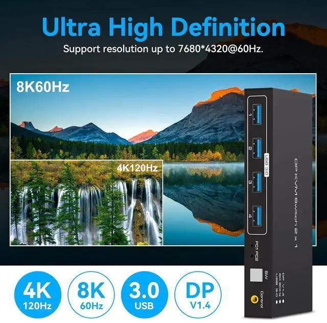 Alt view image 4 of 7 - AUTYUE DisplayPort KVM Switch 2 in 1 Out, Support 4K120HZ 8K60HZ DP1.4 KVM Switcher for 2 Computers Share 1 Monitor Keyboard Mouse Printer with 4 Port USB 3.0 Includes Desktop Control and 2 USB Cables