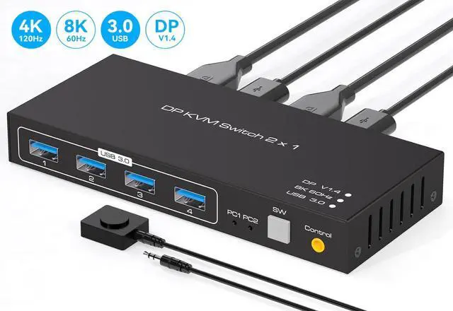 Main image of AUTYUE DisplayPort KVM Switch 2 in 1 Out, Support 4K120HZ 8K60HZ DP1.4 KVM Switcher for 2 Computers Share 1 Monitor Keyboard Mouse Printer with 4 Port USB 3.0 Includes Desktop Control and 2 USB Cables