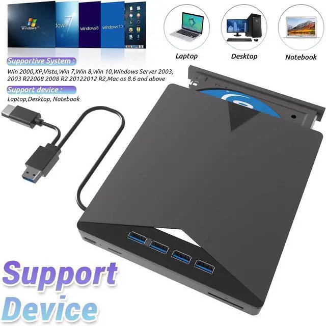 Alt view image 3 of 7 - AUTYUE Multi-Function External Blu-ray Drive, 7 in 1 External Blu Ray Drive USB 3.0 & Type-C DVD/BD Player Blu Ray Burner Writer, Portable Slim Bluray Drive for Laptop PC Desktop Windows 11 10 Mac OS