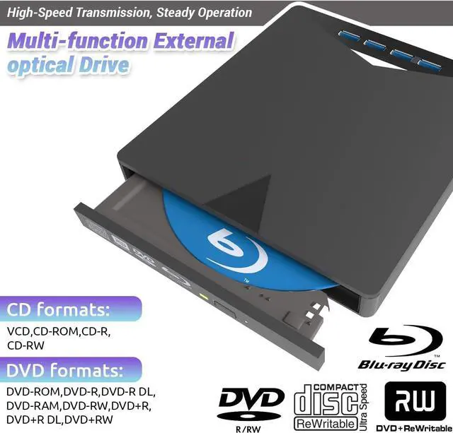 Alt view image 2 of 7 - AUTYUE Multi-Function External Blu-ray Drive, 7 in 1 External Blu Ray Drive USB 3.0 & Type-C DVD/BD Player Blu Ray Burner Writer, Portable Slim Bluray Drive for Laptop PC Desktop Windows 11 10 Mac OS