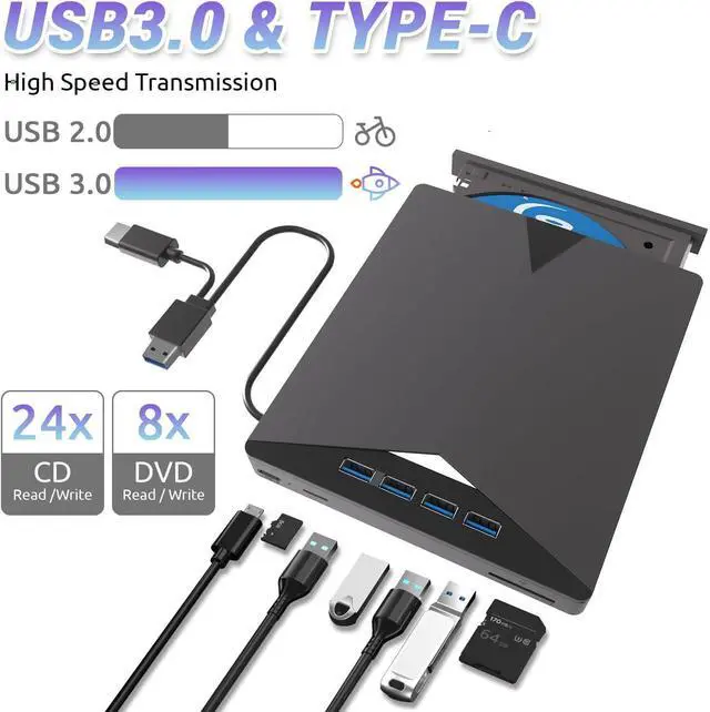 Alt view image 7 of 7 - AUTYUE Multi-Function External Blu-ray Drive, 7 in 1 External Blu Ray Drive USB 3.0 & Type-C DVD/BD Player Blu Ray Burner Writer, Portable Slim Bluray Drive for Laptop PC Desktop Windows 11 10 Mac OS