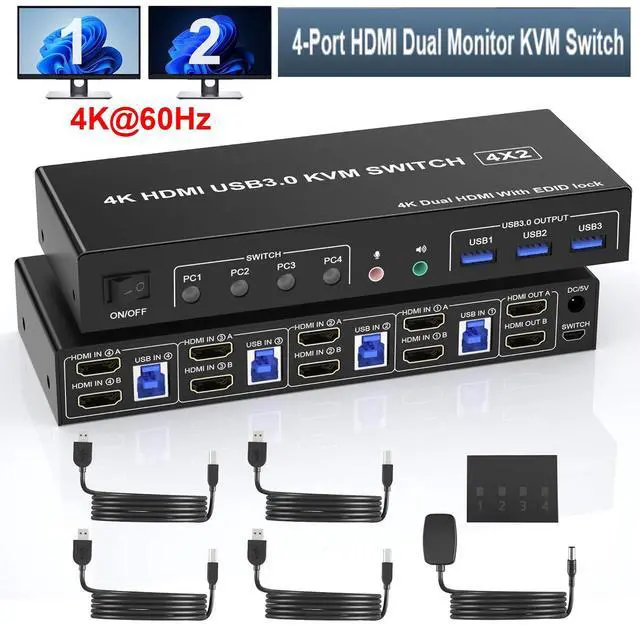 Main image of AUTYUE USB 3.0 HDMI Dual Monitor KVM Switch for 4 PCs, Supports EDID, 4K 60Hz KVM Switch 2 Monitors 4 Computers, with Audio Microphone Output & 3 USB 3.0 Ports, 4 PC 2 Monitor Keyboard Mouse Switcher