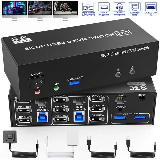 Main image of AUTYUE 8K@60Hz DP USB3.0 KVM Switch 3 Monitors 2 Computers 4K@144Hz, Displayport KVM Switch Triple Monitor for 2 PCs Share 3 Monitors, RJ45 Ethernet Splitter 1 to 2, Audio Mic Port & 3 USB3.0 Devices