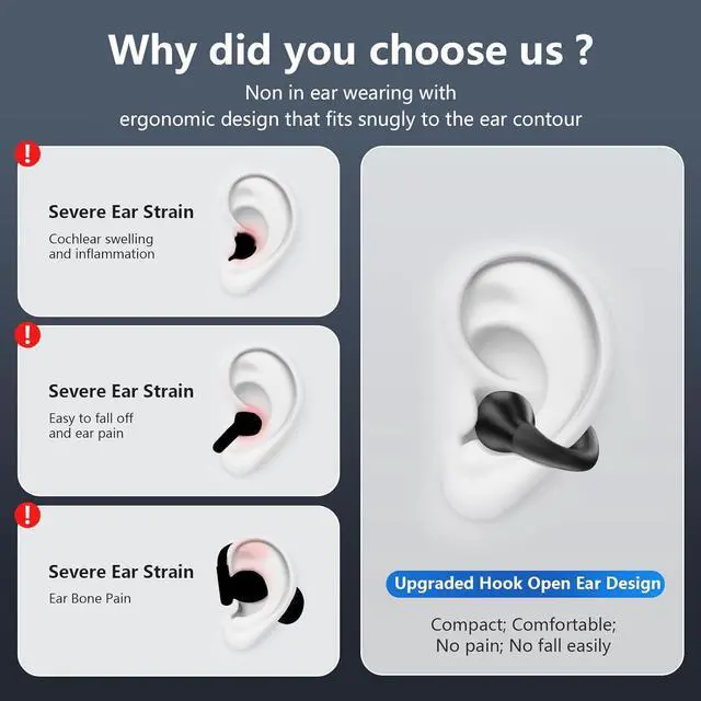 Alt view image 4 of 6 - AUTYUE Open Ear Bone Conduction Headphones Bluetooth 5.3 Wireless Open Clip Ear Earbuds Built-in Mic with Ear Hooks 60 Hours Playtime Sport Earphones IPX7 Waterproof for Fitness Running Walking