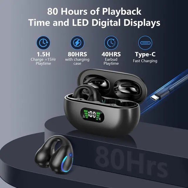 Alt view image 2 of 6 - AUTYUE Open Ear Bone Conduction Headphones Bluetooth 5.3 Wireless Open Clip Ear Earbuds Built-in Mic with Ear Hooks 60 Hours Playtime Sport Earphones IPX7 Waterproof for Fitness Running Walking