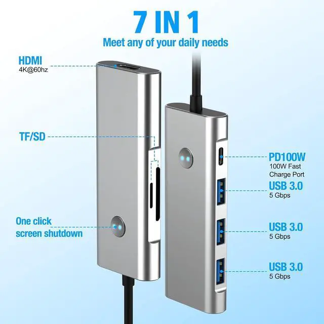 Alt view image 2 of 7 - AUTYUE USB C Hub 7 in 1, USB C HUB Multiport Adapter with 4K@60 HDMI, 3x USB 3.0, SD/TF, 1 x PD 100W, Type-C Hub for Mac-Book Air/Pro,H-p, Hua-wei Mate-Book, De-ll, Surface Book Etc..