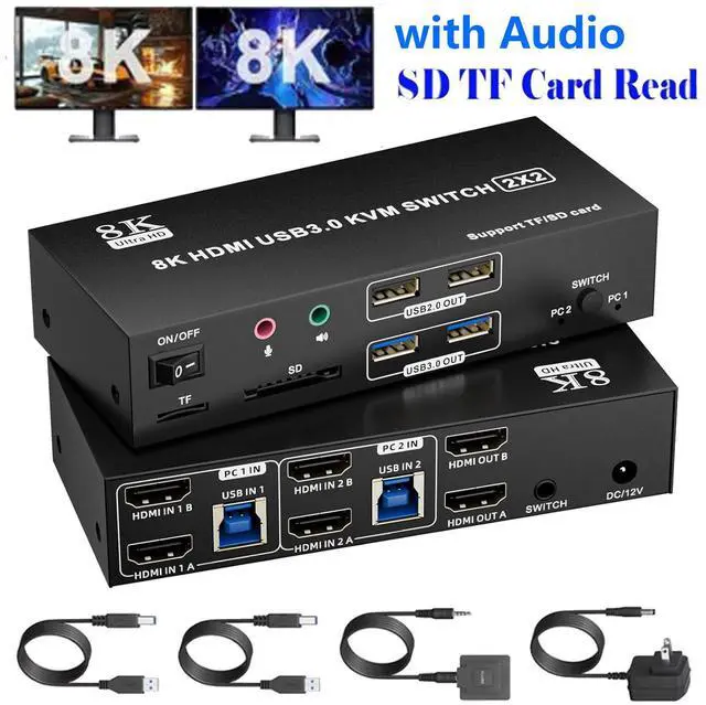 Main image of AUTYUE HDMI KVM Switch 2 Monitors 2 Computers, 8K@60Hz HDMI 2.1 Dual Monitor KVM with 4 USB 3.0 Ports, TF/SD Card Reader, Audio Microphone Jacks, EDID/HDCP Adaptive for Gaming/Streaming/Stock Trading