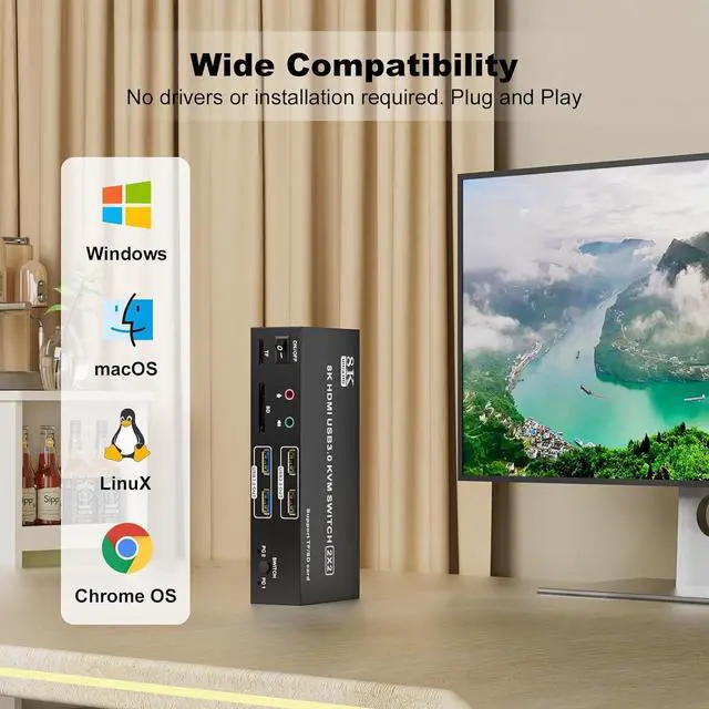 Alt view image 7 of 7 - AUTYUE HDMI KVM Switch 2 Monitors 2 Computers, 8K@60Hz HDMI 2.1 Dual Monitor KVM with 4 USB 3.0 Ports, TF/SD Card Reader, Audio Microphone Jacks, EDID/HDCP Adaptive for Gaming/Streaming/Stock Trading