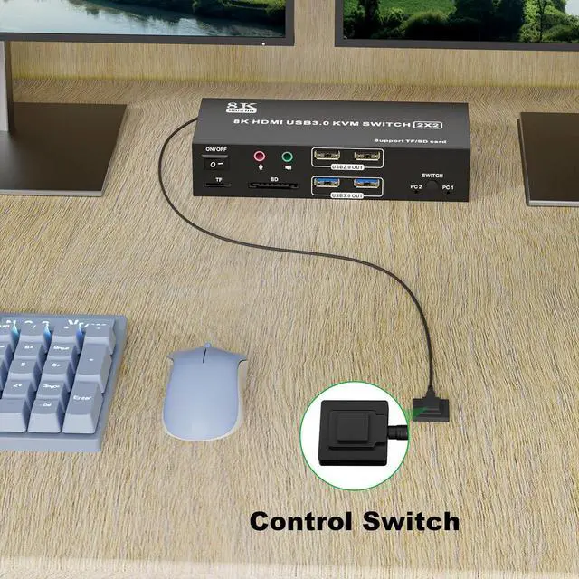 Alt view image 6 of 7 - AUTYUE HDMI KVM Switch 2 Monitors 2 Computers, 8K@60Hz HDMI 2.1 Dual Monitor KVM with 4 USB 3.0 Ports, TF/SD Card Reader, Audio Microphone Jacks, EDID/HDCP Adaptive for Gaming/Streaming/Stock Trading