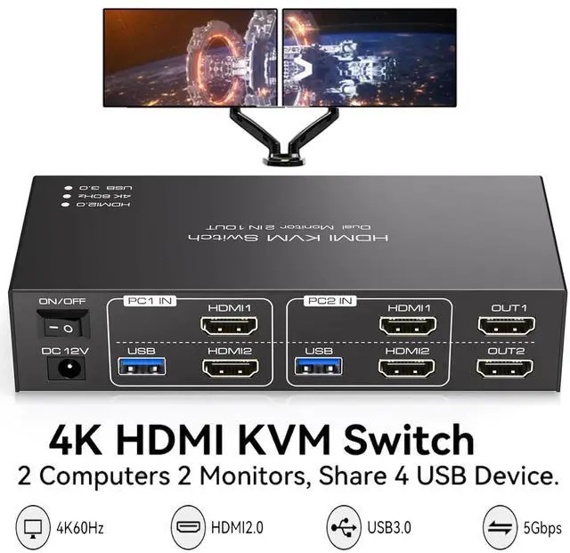 Main image of AUTYUE HDMI KVM Switch 2 Monitors 2 Computers 4K@60Hz Dual Monitor HDMI USB 3.0 KVM Switch for 2 Computers share 4 USB USB 3.0 Devices Support Copy & Extend Mode with 12V DC Power Supply & Cable