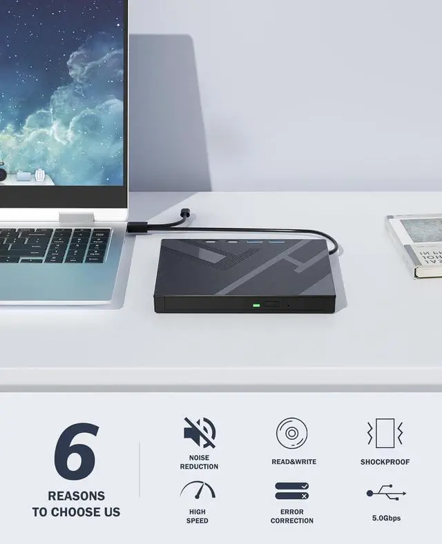 Alt view image 3 of 7 - AUTYUE 7 in 1 External CD/DVD Drive for Laptop, Portable DVD Player for Laptop with 2 USB A & 2 USB C and SD/TF Port, External DVD Drive with USB 3.0/Type C, CD Drive USB for PC Windows Linux