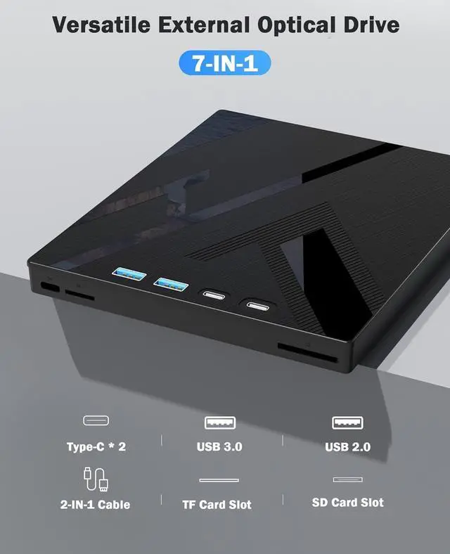 Alt view image 5 of 7 - AUTYUE 7 in 1 External CD/DVD Drive for Laptop, Portable DVD Player for Laptop with 2 USB A & 2 USB C and SD/TF Port, External DVD Drive with USB 3.0/Type C, CD Drive USB for PC Windows Linux