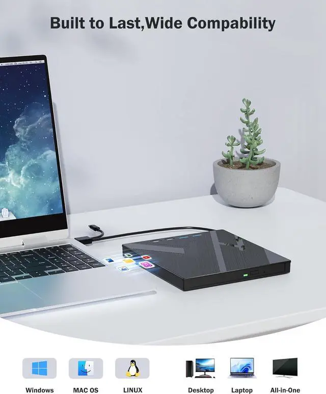 Alt view image 4 of 7 - AUTYUE 7 in 1 External CD/DVD Drive for Laptop, Portable DVD Player for Laptop with 2 USB A & 2 USB C and SD/TF Port, External DVD Drive with USB 3.0/Type C, CD Drive USB for PC Windows Linux