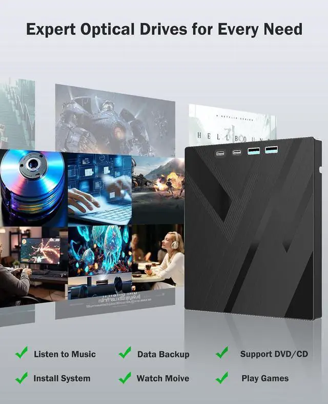 Alt view image 6 of 7 - AUTYUE 7 in 1 External CD/DVD Drive for Laptop, Portable DVD Player for Laptop with 2 USB A & 2 USB C and SD/TF Port, External DVD Drive with USB 3.0/Type C, CD Drive USB for PC Windows Linux