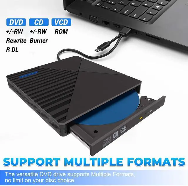 Alt view image 4 of 7 - AUTYUE External CD DVD Drive, 7-in-1 Portable CD DVD +/-Rw Reader Disk Drive Slim DVD/CD Burner Player, USB 3.0 and Type-C Optical DVD Drive ROM Burner Rewriter for Laptop PC Windows 10/8/7/XP Mac OS
