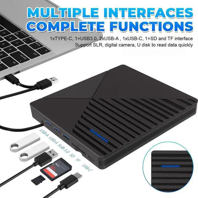 Alt view image 3 of 7 - AUTYUE External CD DVD Drive, 7-in-1 Portable CD DVD +/-Rw Reader Disk Drive Slim DVD/CD Burner Player, USB 3.0 and Type-C Optical DVD Drive ROM Burner Rewriter for Laptop PC Windows 10/8/7/XP Mac OS
