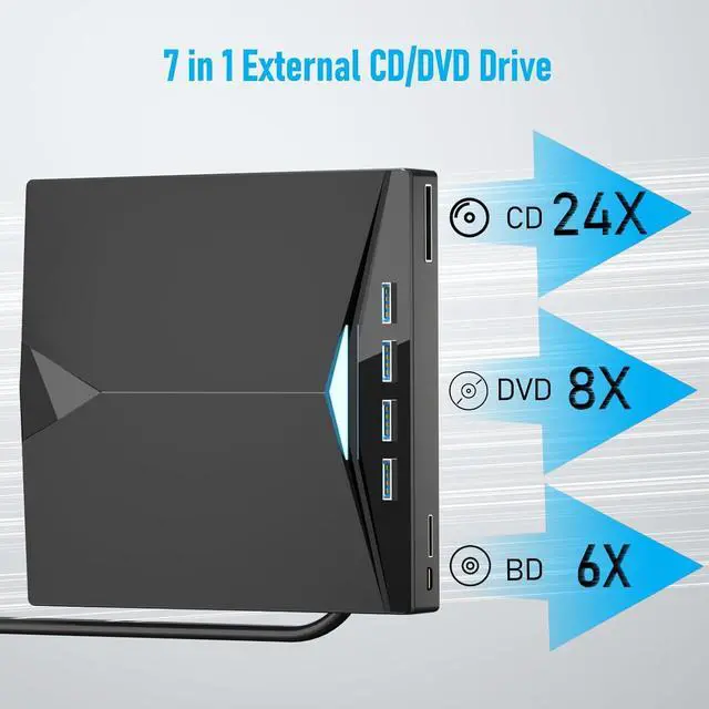 Alt view image 2 of 7 - AUTYUE External CD/DVD Drive for Laptop, Portable 7 in 1 USB 3.0 CD ROM External Drive, CD Reader for PC with 4 USB Ports & TF/SD Card Slots, DVD Drive USB External for Windows 11/10/8/7/XP/Linux/Mac