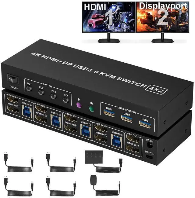 Main image of AUTYUE HDMI + DP KVM Switch 2 Monitors 4 Computers, Dual Monitor HDMI + Displayport USB 3.0 KVM Switches 4K@60Hz, KVM Switches Support Extended/Mirror Mode Share 3 USB 3.0 Port with Desktop Controller
