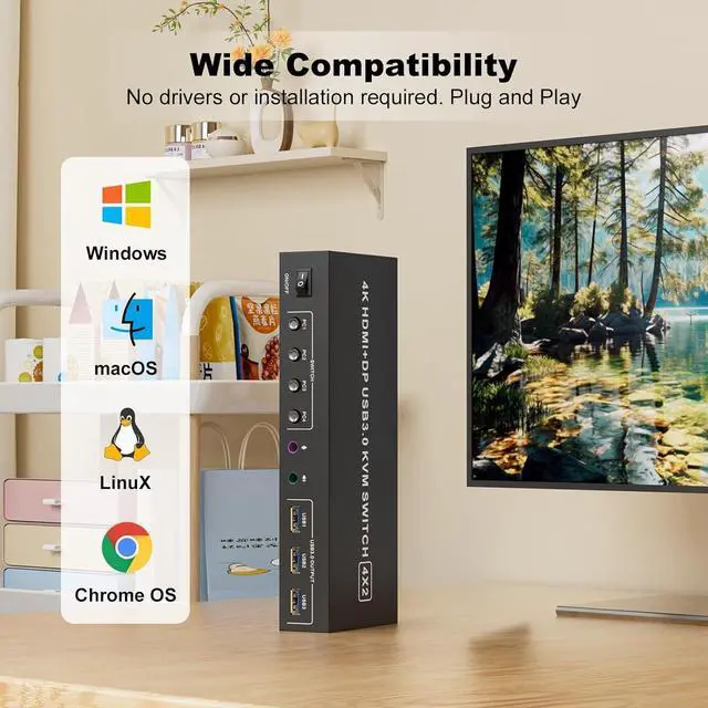 Alt view image 7 of 7 - AUTYUE HDMI + DP KVM Switch 2 Monitors 4 Computers, Dual Monitor HDMI + Displayport USB 3.0 KVM Switches 4K@60Hz, KVM Switches Support Extended/Mirror Mode Share 3 USB 3.0 Port with Desktop Controller