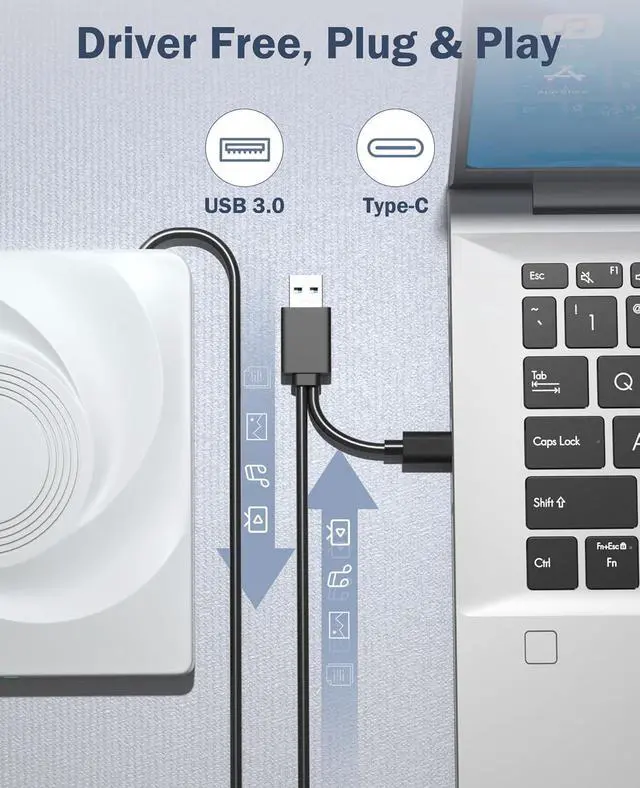 Alt view image 4 of 7 - AUTYUE External CD/DVD Drive for Laptop, USb 3.0 Type C CD Burner External DVD Drive, CD ROM DVD Player Portable CD Reader, Optical CD DVD Drive for Laptop PC, Compatible with Windows Linux Mac OS