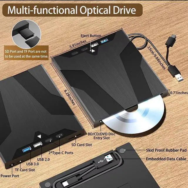 Alt view image 4 of 7 - AUTYUE [7 in 1] USB 3.0 External Blu Ray Drive with USB A & USB C and SD/TF Slot Ports, Portable Blu ray Player for PC Laptop 3D BD Disc Reader CD DVD -/+RW Burner Compatible with Windows Linux Mac OS
