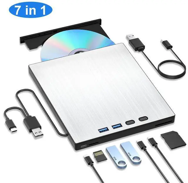 Main image of AUTYUE External CD/DVD Drive, 7 in 1 Portable USB DVD Drive External with 2 USB A+2 Type C Ports, TF/SD Card Slots CD Drive for Laptop, CD Reader for PC Compatible with Windows XP/11/10/8/7 Linux Mac