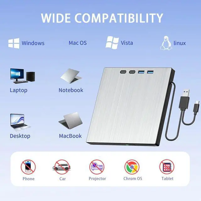 Alt view image 5 of 7 - AUTYUE External CD/DVD Drive, 7 in 1 Portable USB DVD Drive External with 2 USB A+2 Type C Ports, TF/SD Card Slots CD Drive for Laptop, CD Reader for PC Compatible with Windows XP/11/10/8/7 Linux Mac