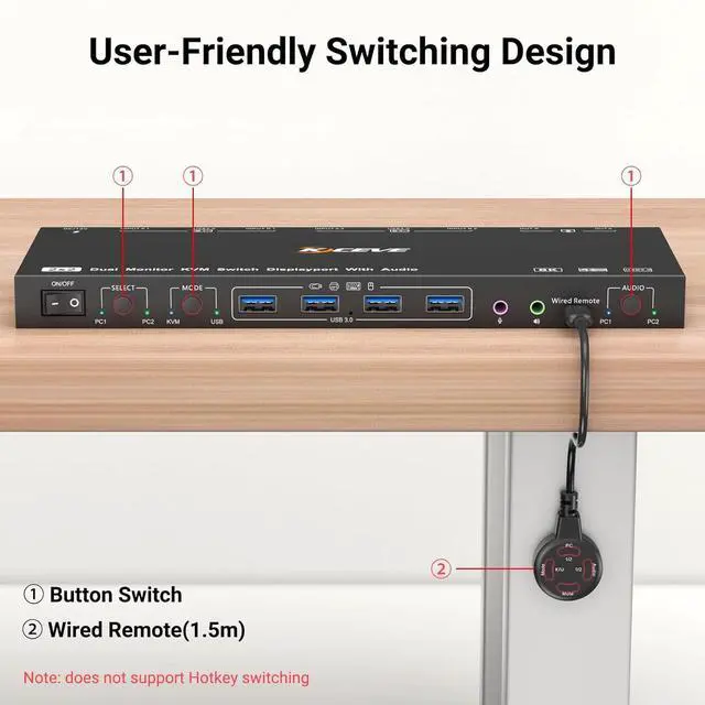 Alt view image 7 of 7 - AUTYUE DP KVM Switch 2 Monitors 2 Computers Displayport with Audio, 8K@30Hz 4K@144Hz USB 3.0 Dual Monitor Displayport KVM Switch, KVM/USB Mode Share 4 USB Devices, with Wired Control and Power Adapter