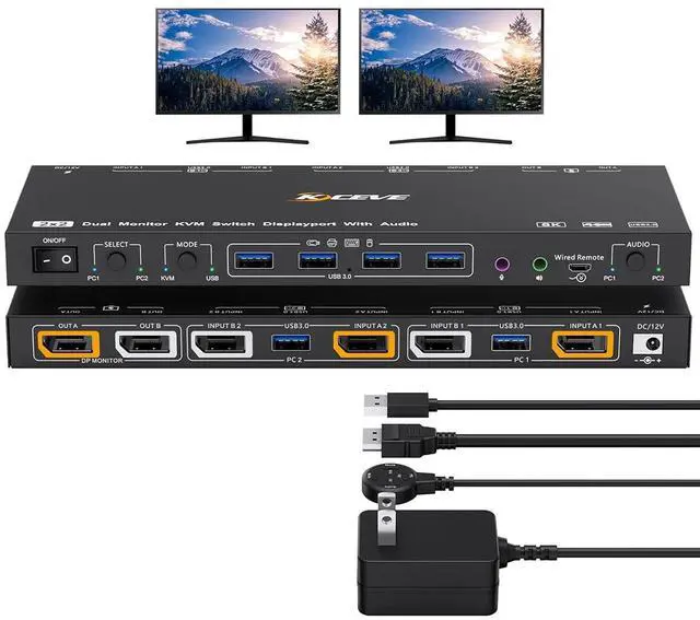 Main image of AUTYUE DP KVM Switch 2 Monitors 2 Computers Displayport with Audio, 8K@30Hz 4K@144Hz USB 3.0 Dual Monitor Displayport KVM Switch, KVM/USB Mode Share 4 USB Devices, with Wired Control and Power Adapter