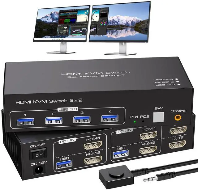 Main image of AUTYUE HDMI KVM Switch 2 Monitors 2 Computers 4K@60Hz USB 3.0 KVM Switch Dual Monitor for 2 PC or Laptops Share 1 Set of Keyboard Mouse Printer and Scanner Support Extended & Duplicate Mode giyqxHw