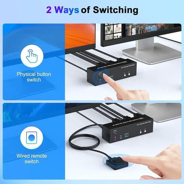 Alt view image 5 of 7 - AUTYUE 4K KVM Switch 3 Monitors 2 Computers Triple Monitor Displayport + 2 HDMI USB 3.0 KVM Switches 4K@60Hz,Support Extended/Mirror Mode Share 3 USB 3.0 Ports with Desktop Controller, Power Adapter