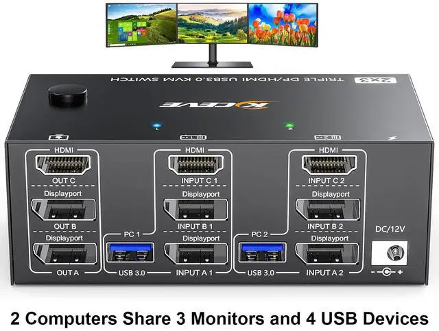 Main image of AUTYUE Triple Monitor KVM Switch 3 Monitors 2 Computers 8K@60Hz 4K@144Hz, HDMI + 2 Displayport USB 3.0 KVM Switches for 2 Computers Share 3 Monitors and 4 USB 3.0 Device,with Wired Remote, USB Cables