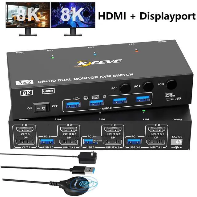 Main image of AUTYUE KVM Switch 2 Monitors 3 Computers Displayport and HDMI Support 4K@144Hz,8K@60Hz Dual Monitor USB 3.0 Switcher with 4 USB 3.0 Ports for Keyboard,Mouse Wired Remote, Adapter & USB Cables Included