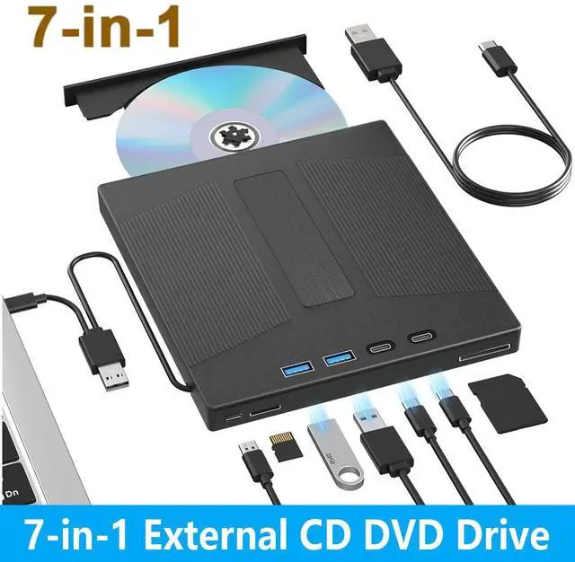 Main image of AUTYUE External CD/DVD Drive, 7 in 1 External USB DVD Drive with 2 USB A + 2 Type C and TF/SD Card Slots CD Optical Drive for Laptop, CD Reader for PC Compatible with Windows XP/11/10/8/7 Linux Mac OS