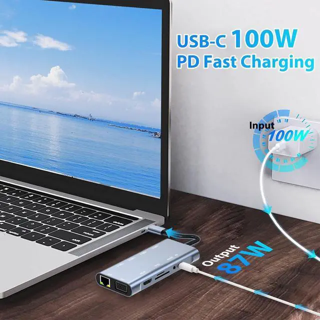 Alt view image 3 of 7 - AUTYUE 11-in-1 USB C Hub with PD 100W, 4K HDMI, VGA, Ethernet, 1 x USB 3.0, 3 x USB 2.0, SD/TF Card Reader, 3.5 mm Aux Ports for i-Phone 16/15, MacBook, i-Pad, Sam-sung, Mac, Surface, Dell, Laptops