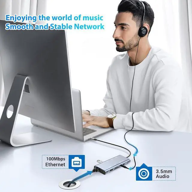Alt view image 6 of 7 - AUTYUE 11-in-1 USB C Hub with PD 100W, 4K HDMI, VGA, Ethernet, 1 x USB 3.0, 3 x USB 2.0, SD/TF Card Reader, 3.5 mm Aux Ports for i-Phone 16/15, MacBook, i-Pad, Sam-sung, Mac, Surface, Dell, Laptops