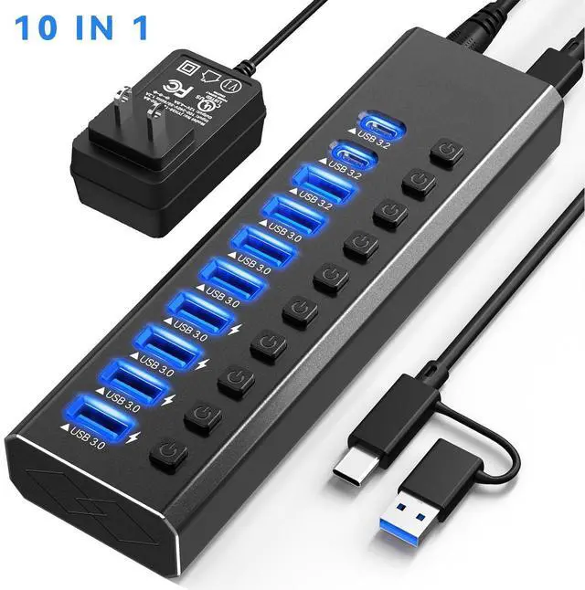 Main image of AUTYUE Powered USB Hub 3.2, 10-Port USB 3.2/USB C Hub (10Gbps USB-A 3.2 +2 USB-C 3.2 +7 USB 3.0 Ports) with Individual On/Off Switches and 12 V Power Adapter, Aluminium USB Hub Powered for Laptop PC