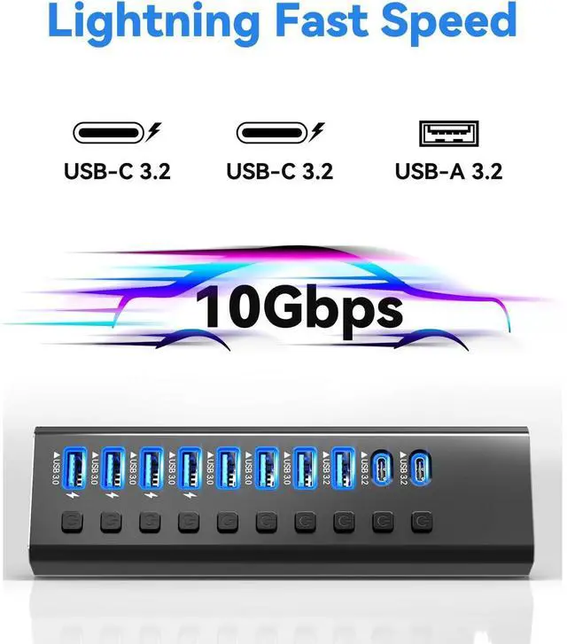 Alt view image 3 of 7 - AUTYUE Powered USB Hub 3.2, 10-Port USB 3.2/USB C Hub (10Gbps USB-A 3.2 +2 USB-C 3.2 +7 USB 3.0 Ports) with Individual On/Off Switches and 12 V Power Adapter, Aluminium USB Hub Powered for Laptop PC