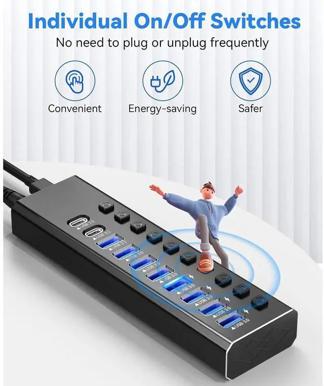 Alt view image 5 of 7 - AUTYUE Powered USB Hub 3.2, 10-Port USB 3.2/USB C Hub (10Gbps USB-A 3.2 +2 USB-C 3.2 +7 USB 3.0 Ports) with Individual On/Off Switches and 12 V Power Adapter, Aluminium USB Hub Powered for Laptop PC